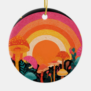 Psychedelic Mushroom Sunset – Retro Fantasy Nature Ceramic Ornament