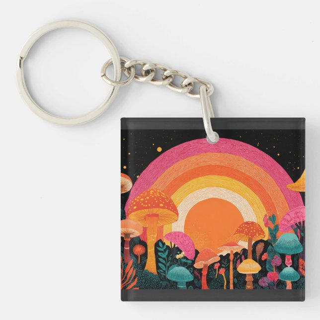 Psychedelic Mushroom Sunset – Retro Fantasy Nature Key Ring (Front)