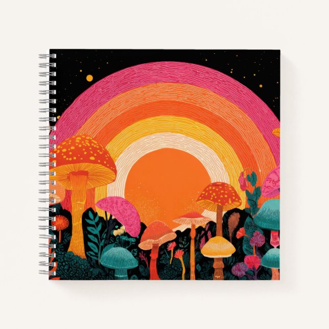Psychedelic Mushroom Sunset – Retro Fantasy Nature Notebook (Front)