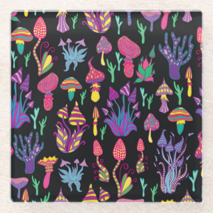 Psychedelic Mushrooms Rainbow Colours Pattern Glass Coaster