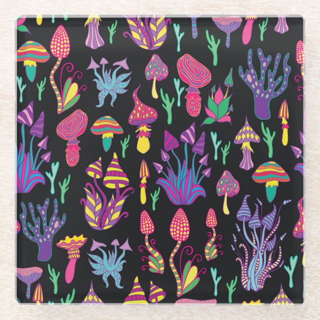 Psychedelic Mushrooms Rainbow Colours Pattern Glass Coaster (Front)