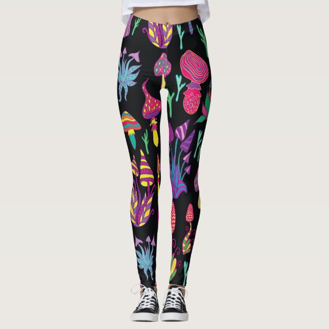 Psychedelic Mushrooms Rainbow Colours Pattern Leggings (Front)