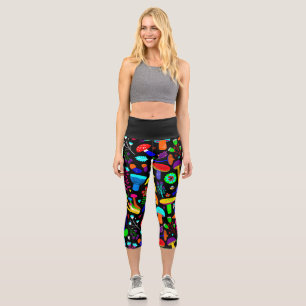 psychedelic mushrooms retro floral vibrant capri leggings