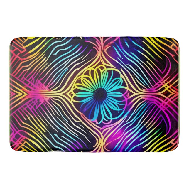 Psychedelic Neon Lines with Flower Art Bath Mat (Front)