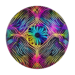 Psychedelic Neon Lines with Flower Art Cutting Board