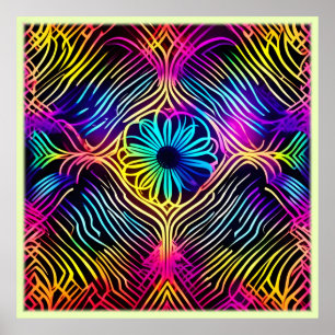 Psychedelic Neon Lines with Flower Art Poster