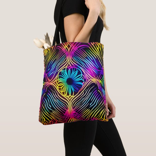 Psychedelic Neon Lines with Flower Art Tote Bag (Close Up)