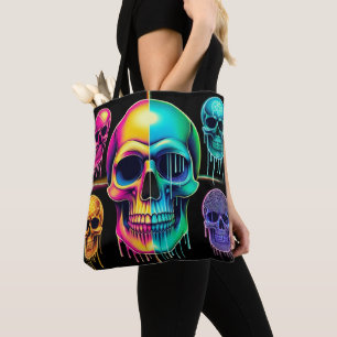 Psychedelic Neon Skulls: A Vibrant Digital Art  Tote Bag