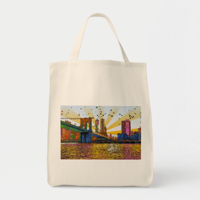 Psychedelic New York City: Brooklyn Bridge, WTC #1 Tote Bag (Front)