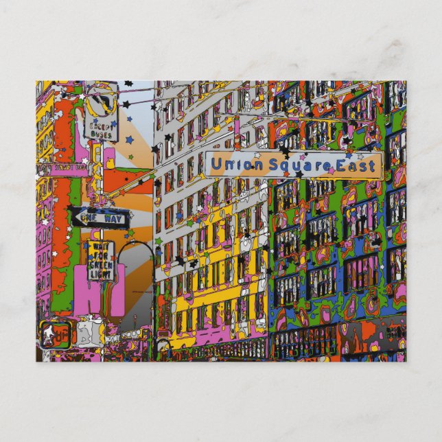 Psychedelic NYC: Union Square Building, St Sign A4 Postcard (Front)