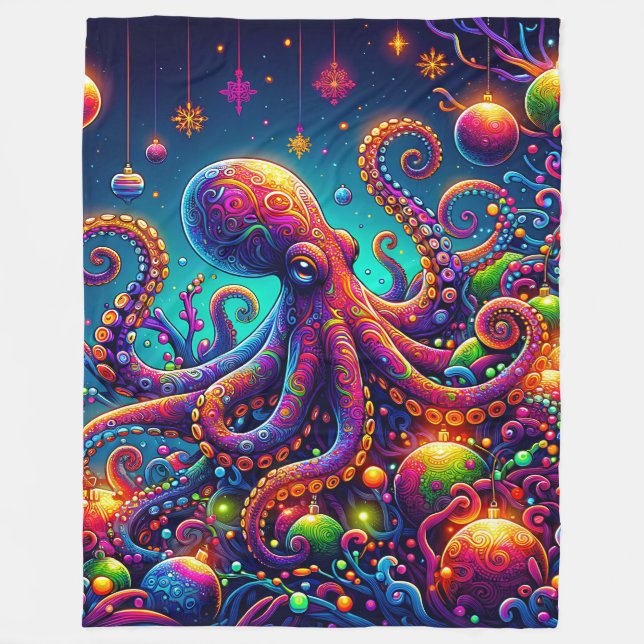 “Psychedelic Octopus Christmas Wonderland” Fleece Blanket (Front)