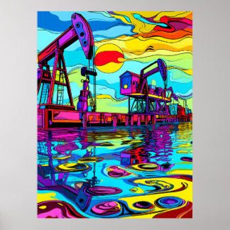 Psychedelic Oil Rigs: Industrial Neon Reflections Poster