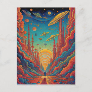 Psychedelic Orange Journey Landscape Art Postcard