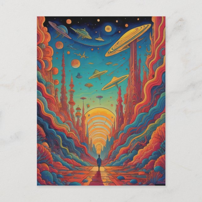 Psychedelic Orange Journey Landscape Art Postcard (Front)