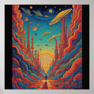 Psychedelic Orange Journey Landscape Art Poster