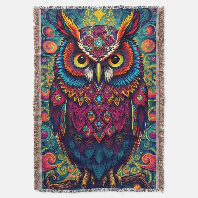 🌈 Psychedelic Owl Comfort – Boho Animal Throw Art Blanket (Front Vertical)