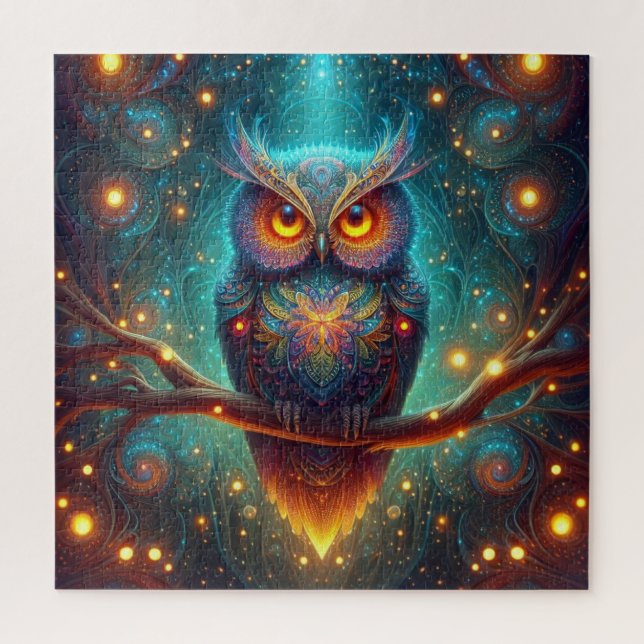 Psychedelic Owl in a Cosmic Forest Jigsaw Puzzle (Vertical)