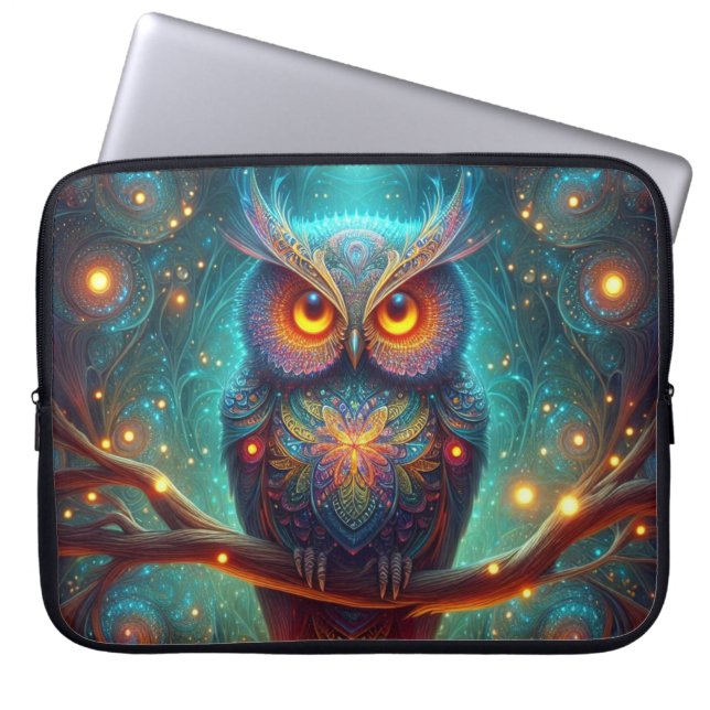 Psychedelic Owl in a Cosmic Forest Laptop Sleeve (Front)