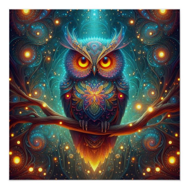Psychedelic Owl in a Cosmic Forest Poster (Front)