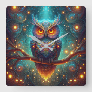 Psychedelic Owl in a Cosmic Forest Square Wall Clock