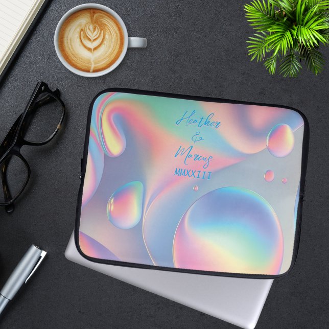 Psychedelic Pastel Bubbles Names Roman Numerals Laptop Sleeve (Abstract bubble art in muted shades of yellow, blue, green, purple, and pink on these laptop sleeves)