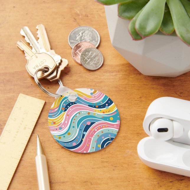Psychedelic Pastel Rainbow Wave Design Key Ring (Desk)