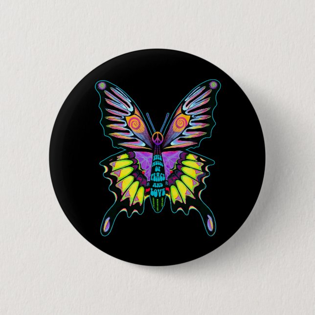 Psychedelic Peace Butterfly 6 Cm Round Badge (Front)