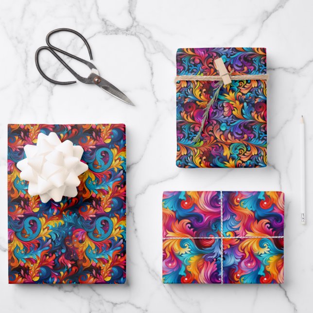 Psychedelic Peace Sign & Tie-Dye Swirls 3D Pattern Wrapping Paper Sheet (Front)