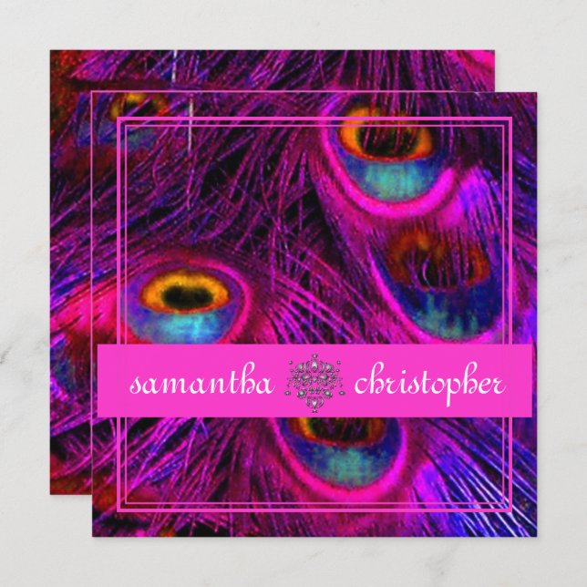PSYCHEDELIC PEACOCK/ADJUSTABLE HOT PINK BANNER INVITATION (Front/Back)