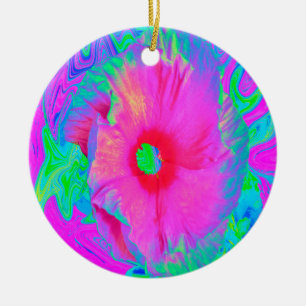 Psychedelic Pink and Red Hibiscus Flower Ceramic Ornament