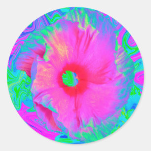 Psychedelic Pink and Red Hibiscus Flower Classic Round Sticker