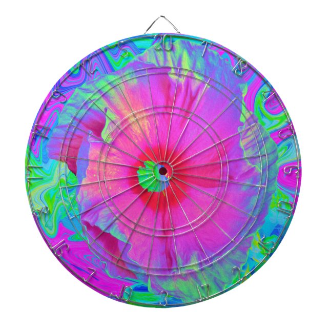 Psychedelic Pink and Red Hibiscus Flower Dartboard (Front)
