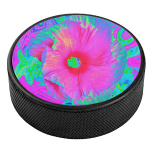 Psychedelic Pink and Red Hibiscus Flower Hockey Puck