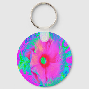 Psychedelic Pink and Red Hibiscus Flower Key Ring