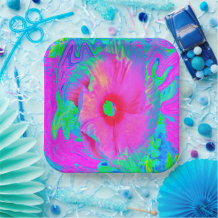 Psychedelic Pink and Red Hibiscus Flower Paper Plate