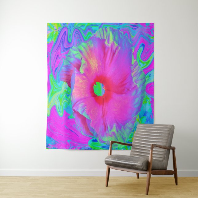 Psychedelic Pink and Red Hibiscus Flower Tapestry (In Situ)