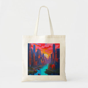 Psychedelic Pink Cityscape with River  Tote Bag