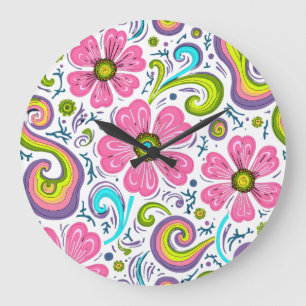 Psychedelic Pink Floral Swirls Graphic Art Large Clock