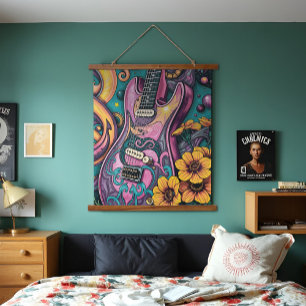 Psychedelic Pink Guitar Yellow Flowers Teal Sky Hanging Tapestry