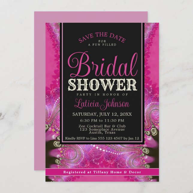 Psychedelic Pink Swirl Fractal Lace Bridal Shower  Invitation (Front/Back)