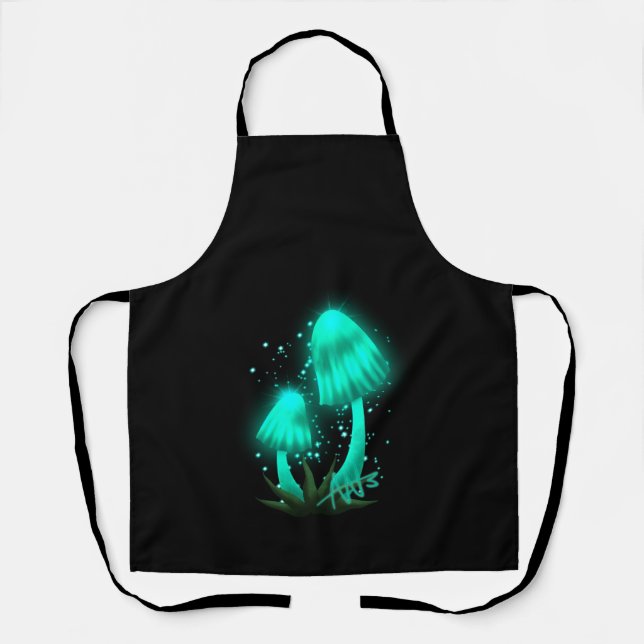 Psychedelic Pixie Cap Glowing Cyan Mushroom Black Apron (Front)