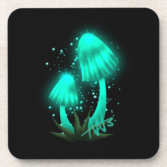 Psychedelic Pixie Cap Glowing Cyan Mushroom Coaster (Front)