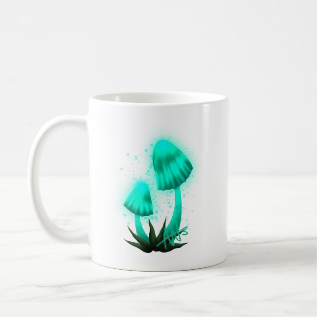 Psychedelic Pixie Cap Glowing Cyan Mushroom Coffee Mug (Left)