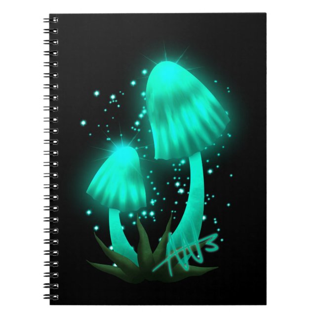 Psychedelic Pixie Cap Glowing Cyan Mushroom Notebook (Front)