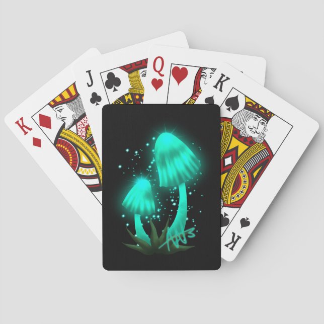 Psychedelic Pixie Cap Glowing Cyan Mushroom Playing Cards (Back)