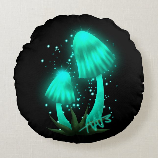 Psychedelic Pixie Cap Glowing Cyan Mushroom Round Cushion (Front)