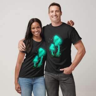 Psychedelic Pixie Cap Glowing Cyan Mushroom T-Shirt