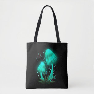Psychedelic Pixie Cap Glowing Cyan Mushroom Tote Bag