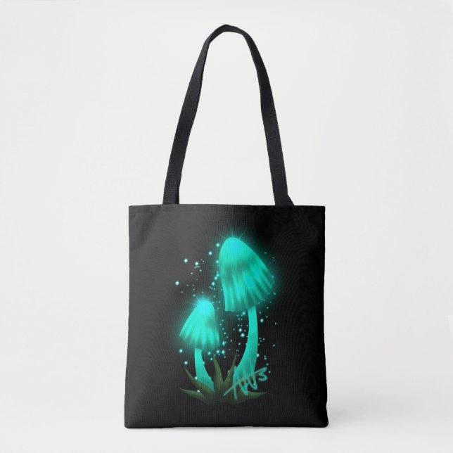 Psychedelic Pixie Cap Glowing Cyan Mushroom Tote Bag (Front)