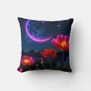 Psychedelic Poppy Landscape with Moon  Cushion